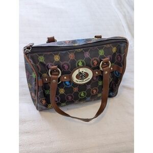 U.S. Polo Assn. Monogram Satchel Handbag Brown with Rainbow Horse Logo Detail